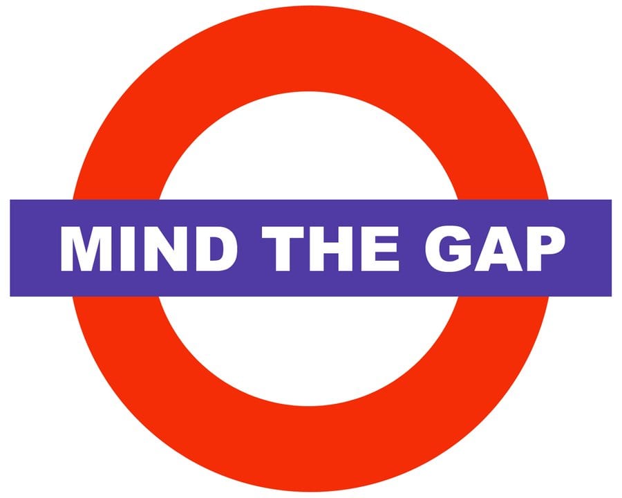 A "Mind the Gap" London Underground sign