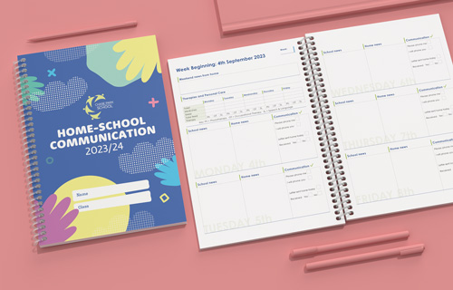 home-school communication book example cover and spread