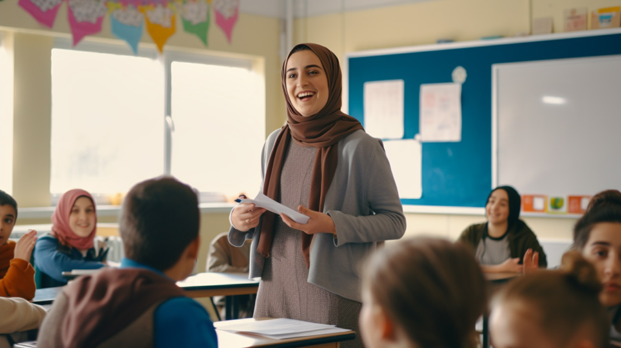 happy female teacher in classroom using revision flashcards in front of students