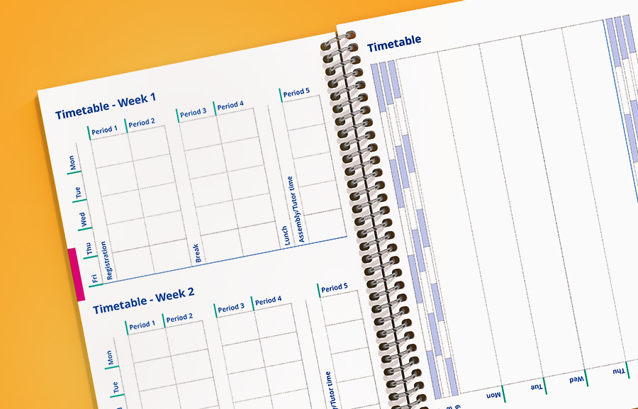 Homework recording pages inside a custom school planner 