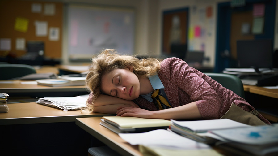 female teacher asleep on desk due to teacher burnout