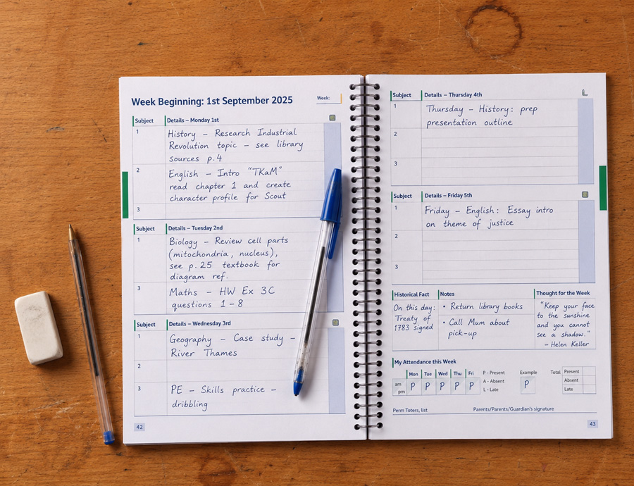 An open student planner with a planning section filled in by a pupil, with a pen resting on the page.