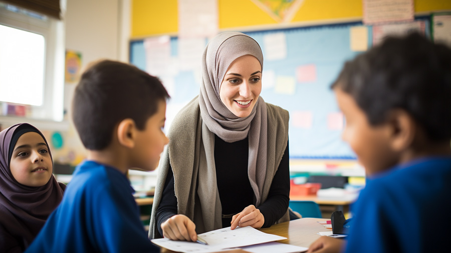 female teacher helping to introduce planners to students