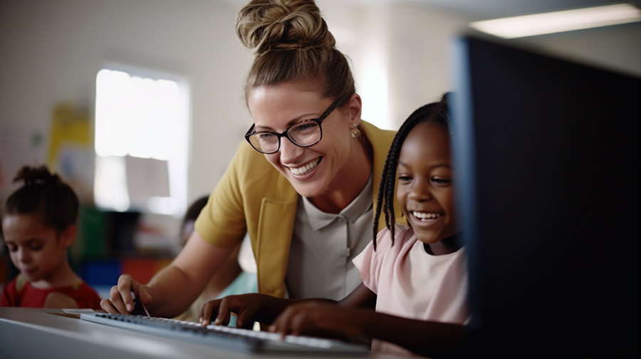 female teacher teaching computing to young student