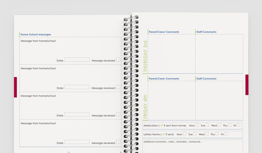 home communication pages inside a custom sen planner