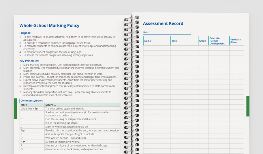 Marking policy pages inside a custom printed teacher planner