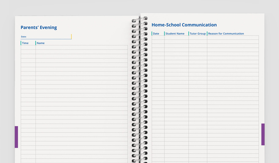 Meeting pages inside a custom printed teacher planner