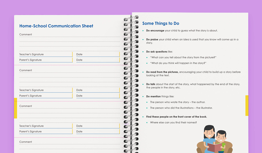 Home communication pages inside custom primary school planner