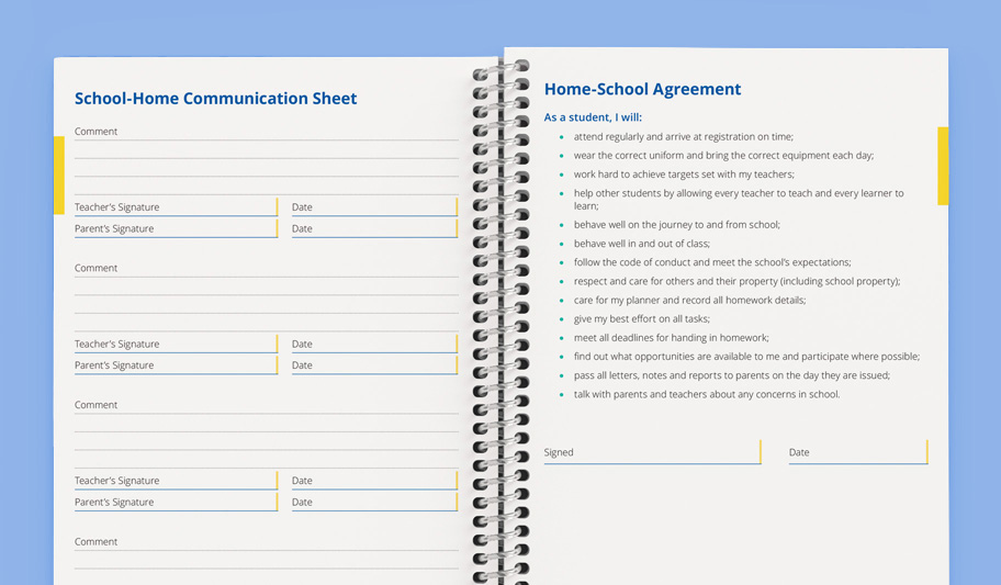home communication pages inside student planner