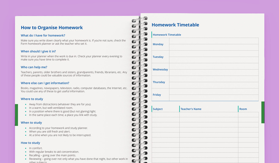 homework pages inside student planner