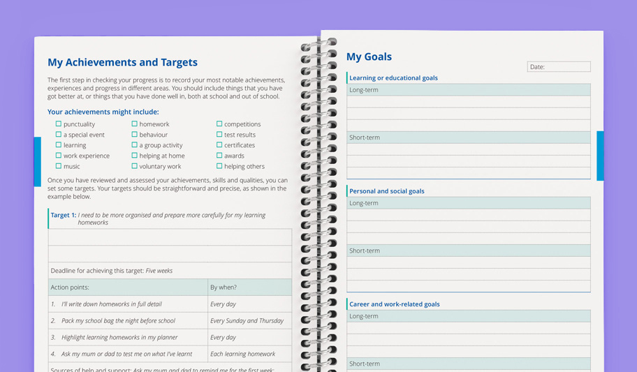 personal development pages inside student planner